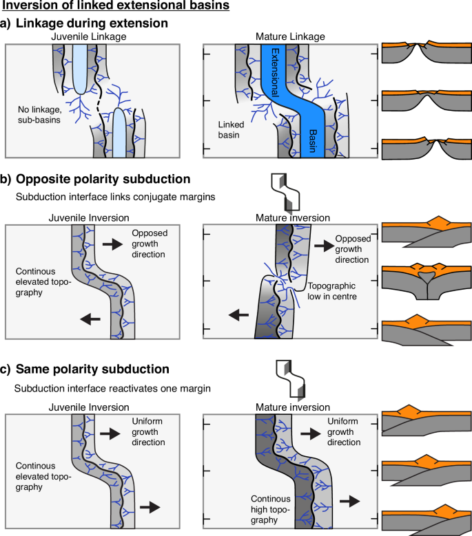 Fig. 8: Diagrams showing the typical evolutionary characteristics of linkage during rift basin inversion.