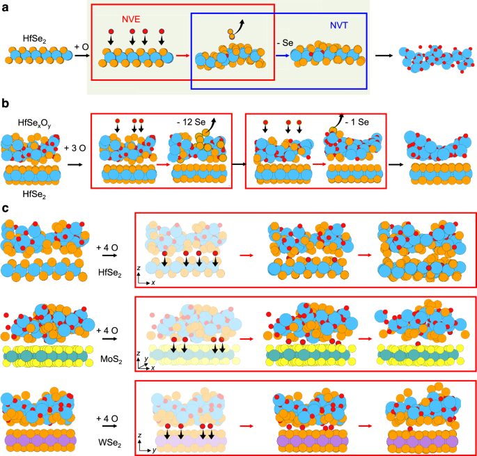 Fig. 2: Ab initio molecular dynamics (AIMD) simulations of HfSe2 and HfSe2/TMD (HfSe2, MoS2, and WSe2) interface oxidations.
