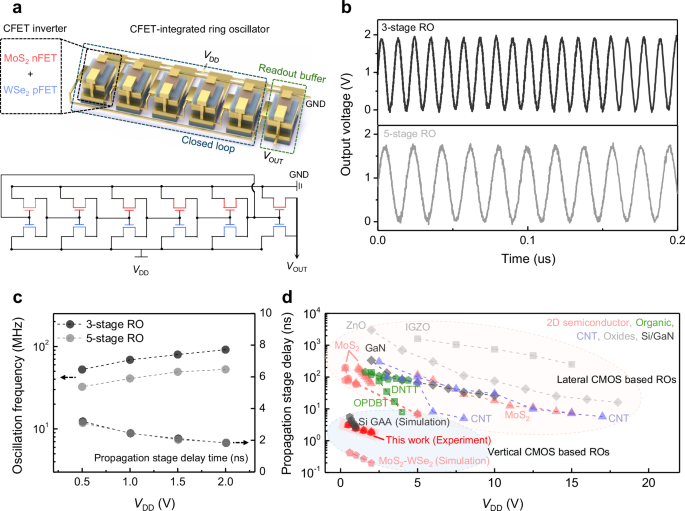 Fig. 5: Demonstration of ring oscillators fabricated with vdW interface-integrated CFETs.