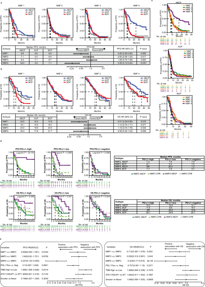 Fig. 3: Association between clinical outcomes with atezolizumab-bevacizumab-chemotherapy combinations and NMF subtype in IMpower150.