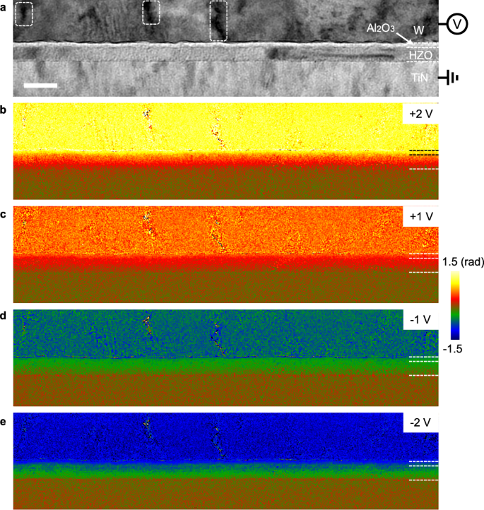 Fig. 2: Operando electron holography experiments on the studied bilayer FTJ device.