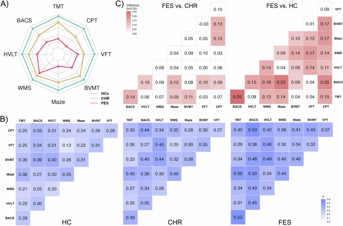 Fig. 1: Cognitive domain correlations across groups.