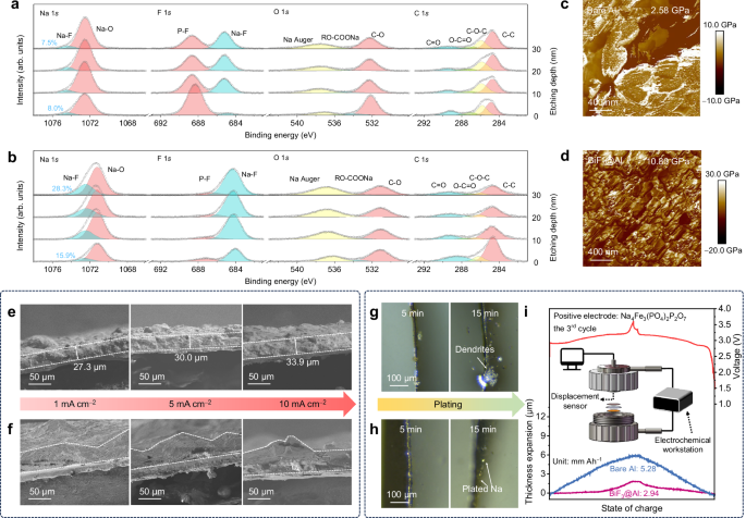 Fig. 3: SEI properties and Na growth behaviors on bare Al and BiF3@Al.