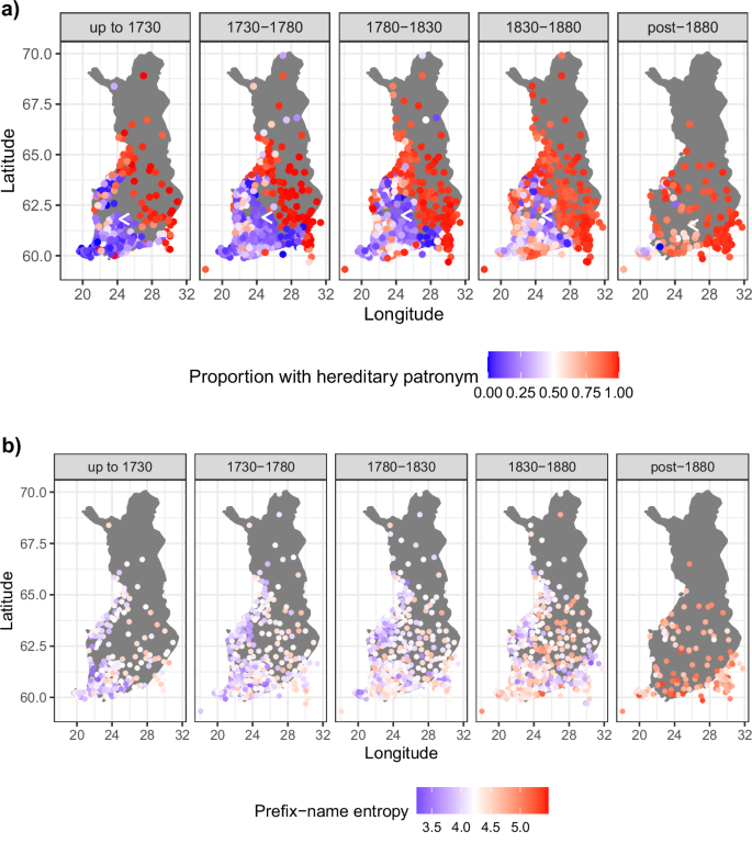 Fig. 3: In Finland, prefix-name entropy increased as the government required residents to have a hereditary patronym.