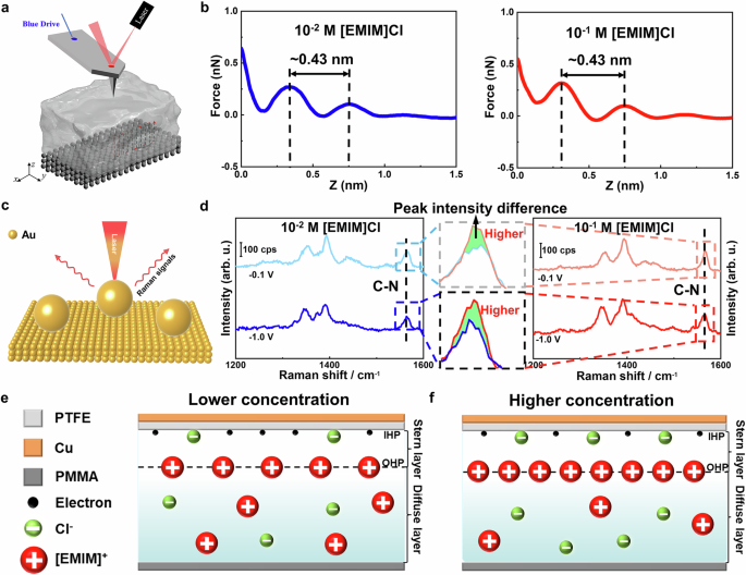 Fig. 3: Investigation of electrical double layer (EDL) formation in asymmetric electrolytes using 3D-atomic force microscopy (AFM) and surface-enhanced Raman spectroscopy (SERS).