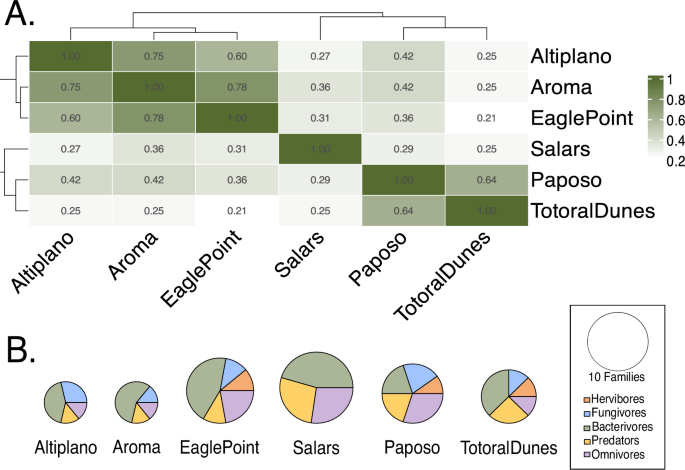 Fig. 2: Community composition similarity and feeding type diversity throughout six sampling locations.