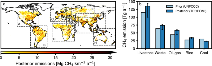 Fig. 1: Global methane emissions in 2023 estimated by inverse analysis using TROPOMI observations and UNFCCC prior estimates.