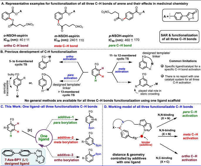 Fig. 1: Previous developments and ligand design for the functionalization of all three different C–H bonds of arenes.