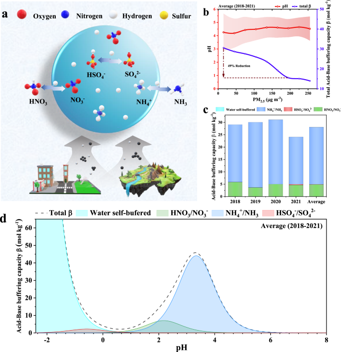 Fig. 1: The interactions between buffering capacity (β) and fine particulate matter (PM2.5) concentrations, and the contributions of buffering agents to buffering capacity.