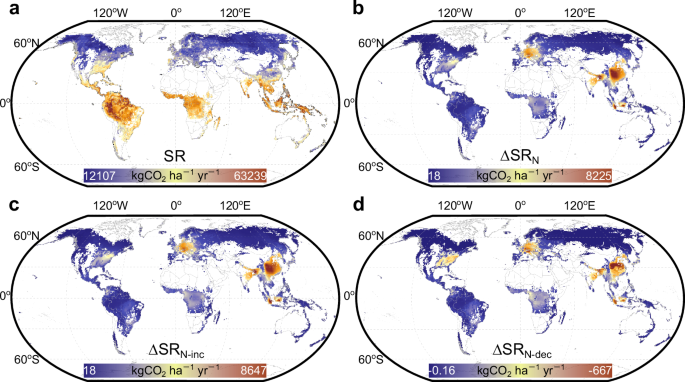 Fig. 7: Spatially varying effects of N deposition on forest soil respiration.