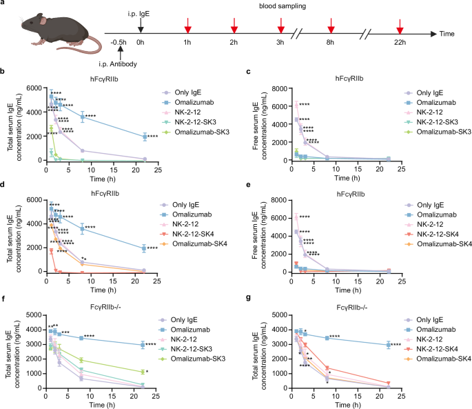 Fig. 2: Effect of IgE-targeting FcRTACs on the elimination of human IgE in mouse models.