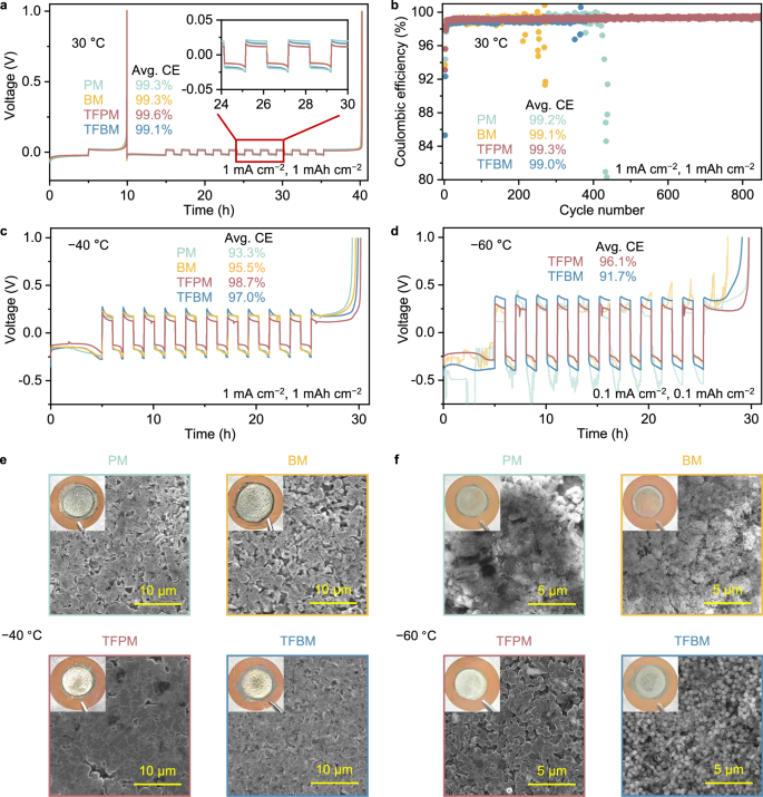Fig. 4: Li metal reversibility and deposition morphology.