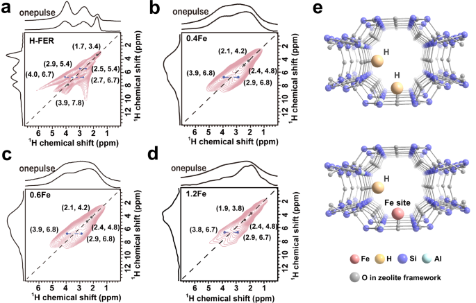 Fig. 2: 2D 1H-1H DQ MAS NMR characterization of the Fe site location in FER zeolite.