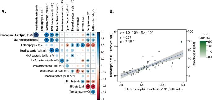 Fig. 3: Correlations between abiotic and biotic factors at SPOT (≤45 m depth, 15 months of sampling, n = 48).