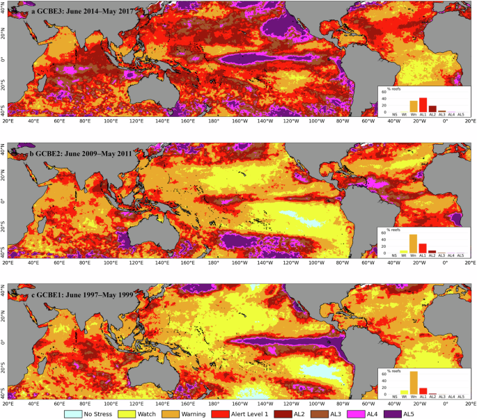 Fig. 1: Global distribution of heat stress from the first three Global Coral Bleaching Events.