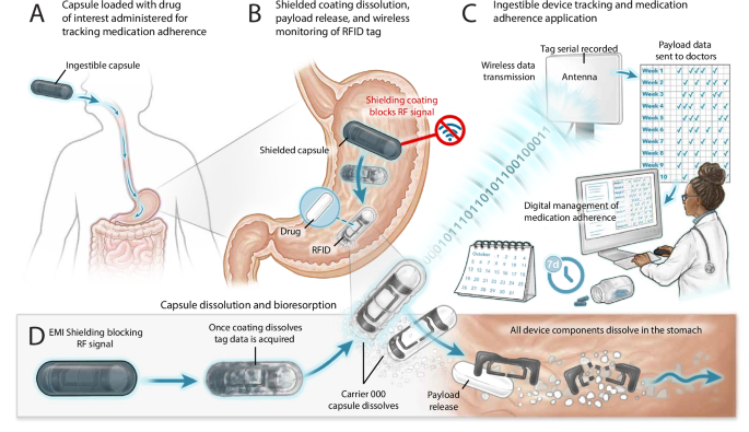 Fig. 1: Schematic illustration of capsule based, biodegradable medication adherence tracking system with envisioned scenario for clinical use.