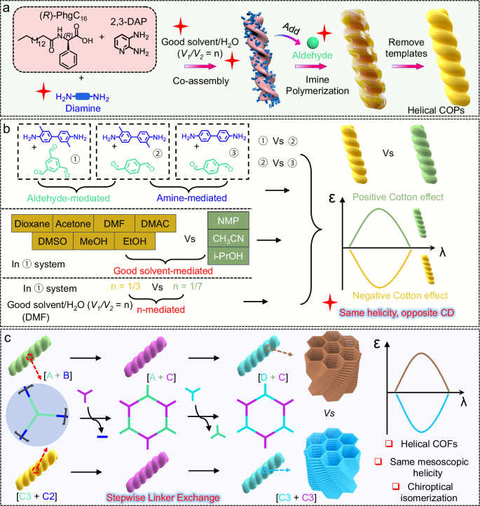 Fig. 1: Supramolecular templating and linker-exchange strategies enabling helical polyimines and COFs with identical mesoscopic helicity but opposite chiroptical responses.