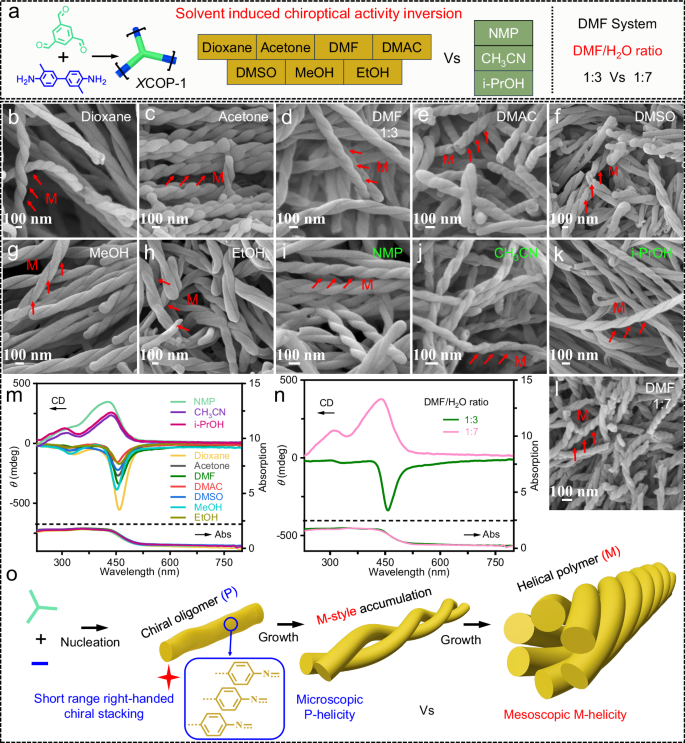 Fig. 4: Solvent-mediated chiral isomerization in helical polyimines leading to opposite molecular-scale chiral stacking.