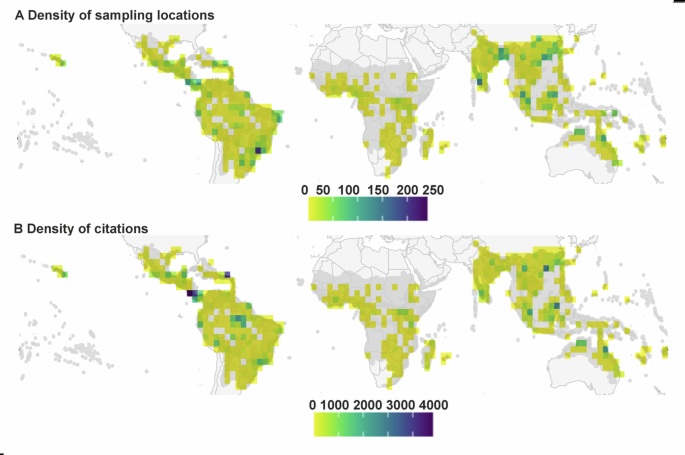 Fig. 1: Distribution of field sampling and study citations across natural terrestrial habitats in the tropics.