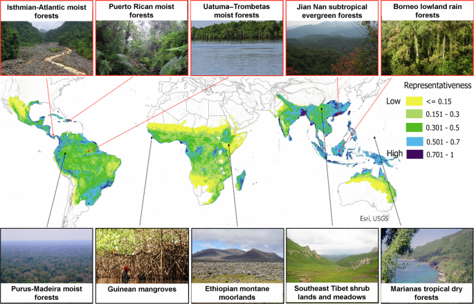 Fig. 2: Representativeness of currently sampled environmental conditions across natural terrestrial habitats in the tropics.