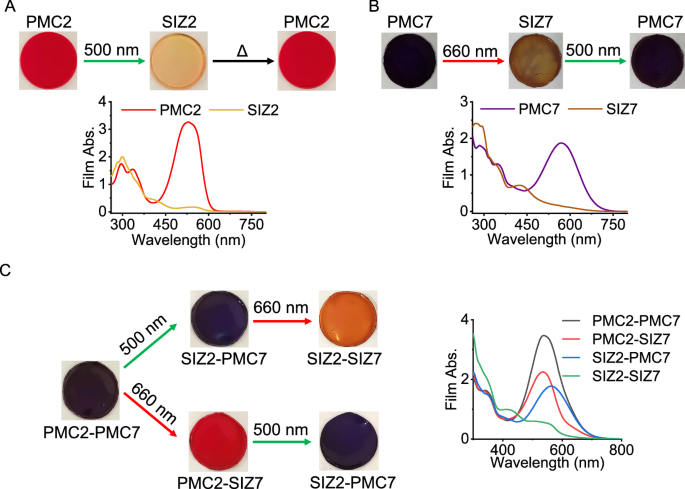Fig. 6: Photochromic properties of PMC2 and PMC7 in PMMA.