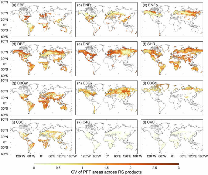 Fig. 3: The difference in the distribution of PFTs from remote sensing-based (RS) products.