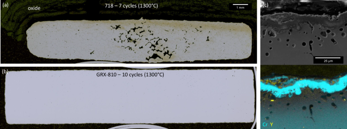 Fig. 6: Oxidation and microstructural stability at 1300 °C.