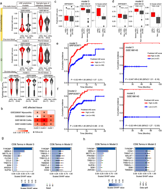 Fig. 7: Validation of the irAE predictive models using independent scRNA-seq and bulk RNA-seq datasets.