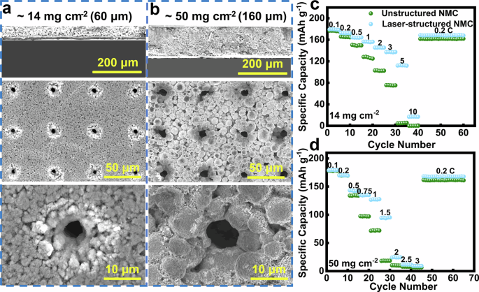 Fig. 7: Surface morphology of the through-hole array and electrochemical performance of LiNi₈Co₁Mn₁O₂ (NMC) electrodes.