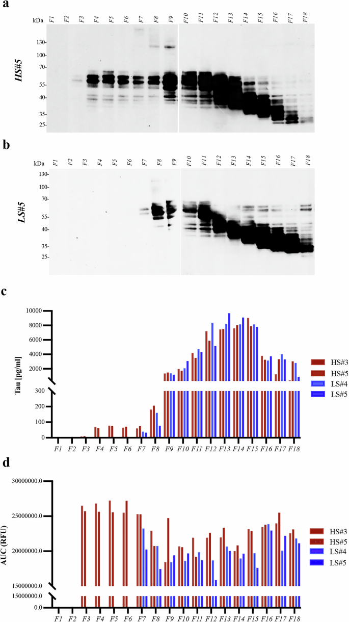 Fig. 3: Size-exclusion chromatography (SEC) analysis and tau seeding activity in the primary motor cortex of PSP patients.
