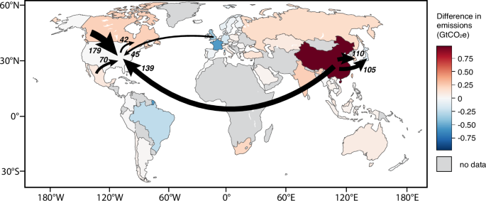Fig. 4: Map of differences between single-region (U.S.-based) and multiregional EEIO models.