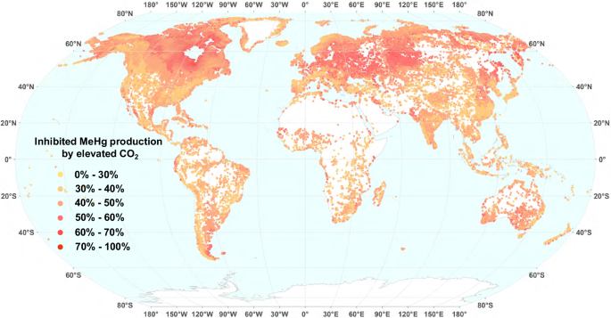 Fig. 4: Projected decreases in MeHg production under elevated CO2 conditions (1000 ppm in 2100) in global lakes.