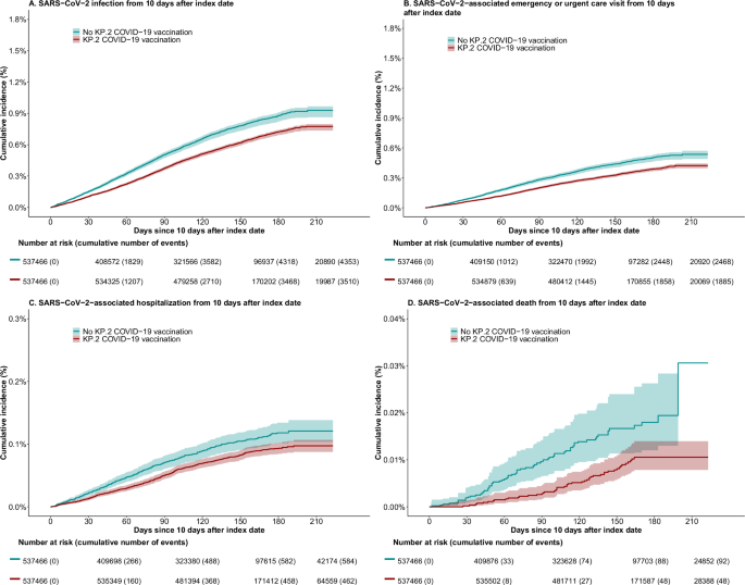Fig. 3: Cumulative incidences of outcomes in vaccinated (i.e., received the KP.2 COVID-19 vaccine) versus matched unvaccinated (i.e., did not receive the KP.2 COVID-19 vaccine) individuals in a target trial emulation study extending from 08/23/2024 to 04/12/2025.