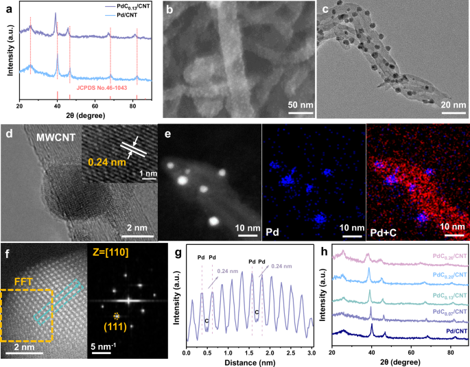 Fig. 2: Morphology and structure characterizations of PdC0.13/CNT.