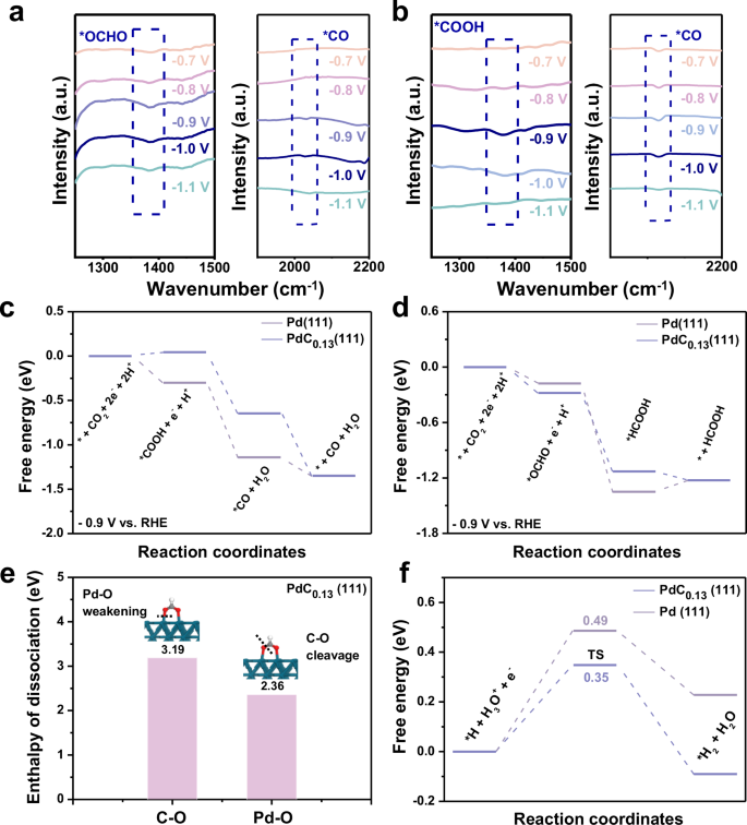 Fig. 5: Theoretical investigations regarding the electronic structures and reaction mechanism for CO2RR.