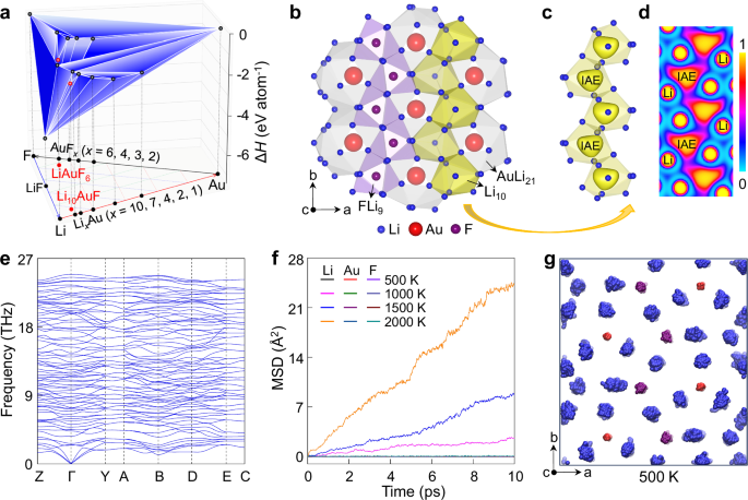 Fig. 1: Stability, structure, and electride characteristics of monoclinic P21-Li10AuF.