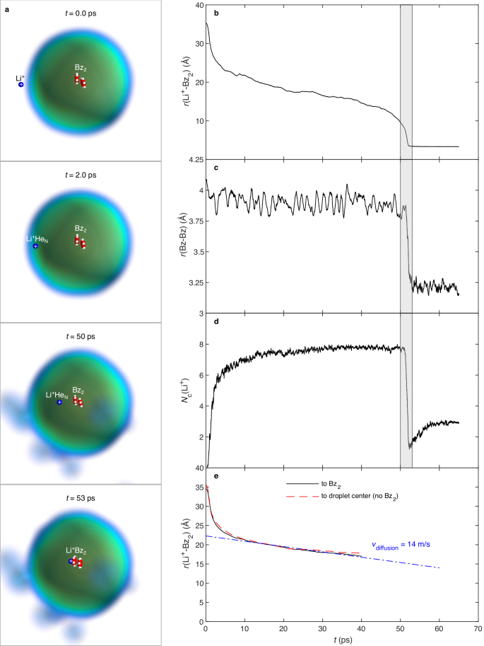 Fig. 1: Ring-polymer molecular dynamics simulation of Li+ solvating, diffusing and reacting with a benzene dimer.