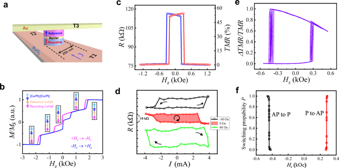 Fig. 4: Magnetic characteristics and current-induced SST switching in altermagnetic RuO2-pMTJ devices.