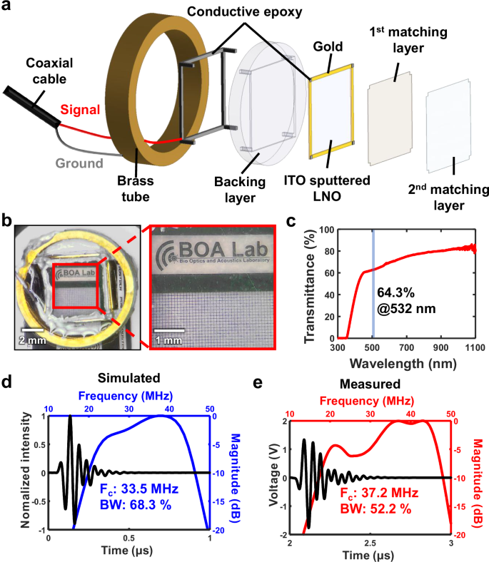 Fig. 1: Characteristics of a high-frequency transparent ultrasound transducer (TUT).