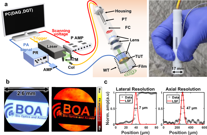 Fig. 3: Schematic and performance of a handheld PAM probe with a TUT and fiber scanner (hPAM-TUT).