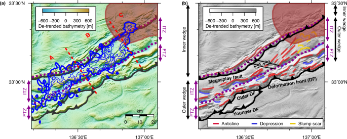 Fig. 2: Comparison of bathymetric features and tremor distribution.
