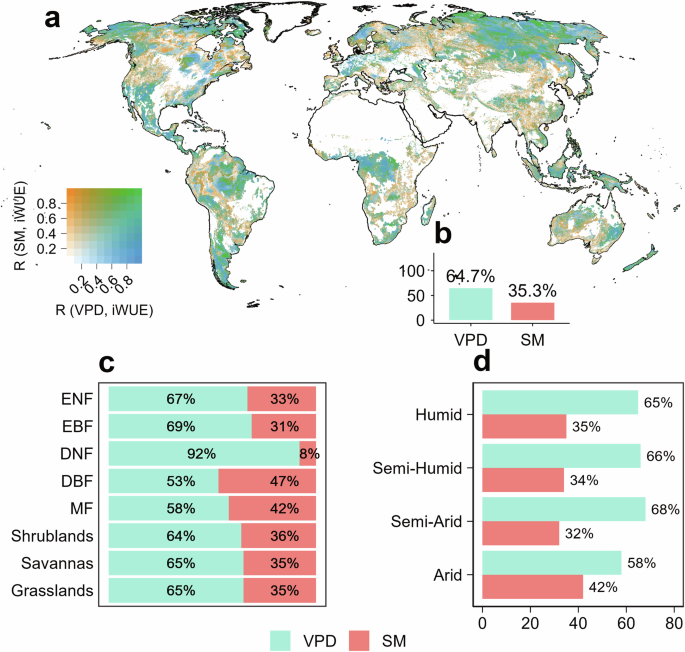 Fig. 3: Effects of vapor pressure deficit (VPD) and soil moisture (SM) on iWUE.