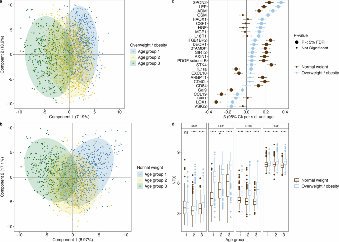 Fig. 3: The interaction of overweight/obesity with age-associated circulating proteins.