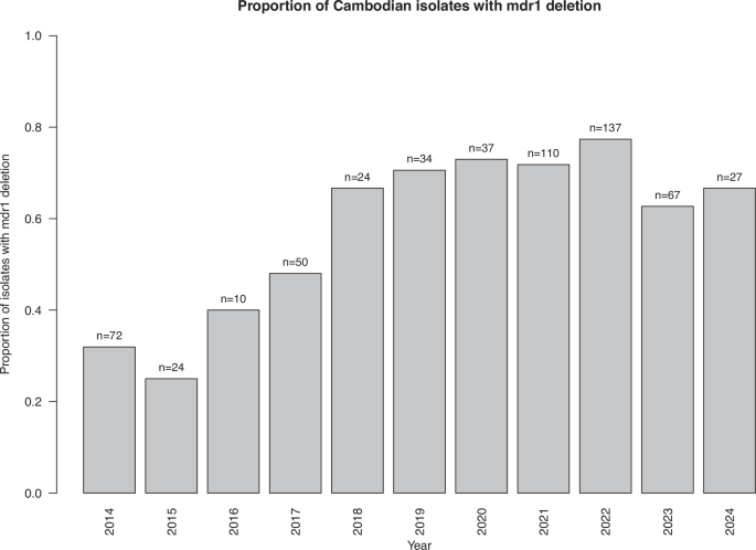 Fig. 4: Longitudinal survey of the mdr1 deletion in P. vivax isolates collected in Cambodia between 2014 and 2024.
