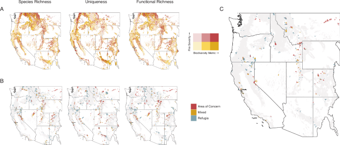 Fig. 2: Maps comparing biodiversity distributions to fire severity including identified hotspots.