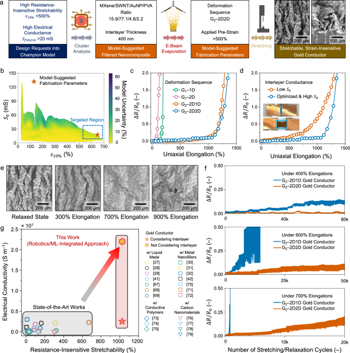 Fig. 5: Machine intelligence-accelerated design of stretchable gold conductors with strain-insensitive responses and robust cycling durability.