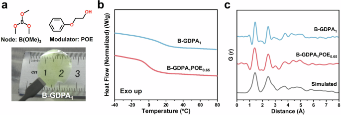 Fig. 4: The synthesis, glass transitions and total scattering of B-GDPA1 and B-GDPA1POE0.65.