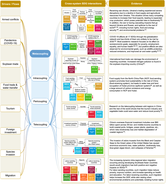 Fig. 5: The potential of the metacoupling framework in analyzing cross-system SDG interactions in possible cases with various drivers and flows.