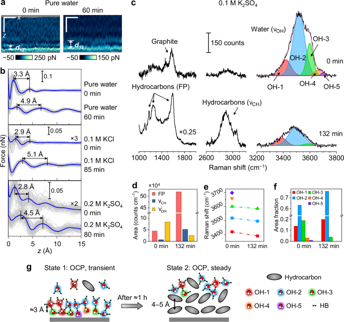 Fig. 2: Time-dependent evolution of HOPG/aqueous solution interfaces at OCP.
