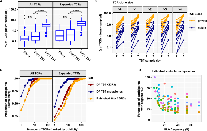 Fig. 6: Mtb-reactive metaclones constitute a small proportion of the Day 7 TST repertoire but capture the most public response.